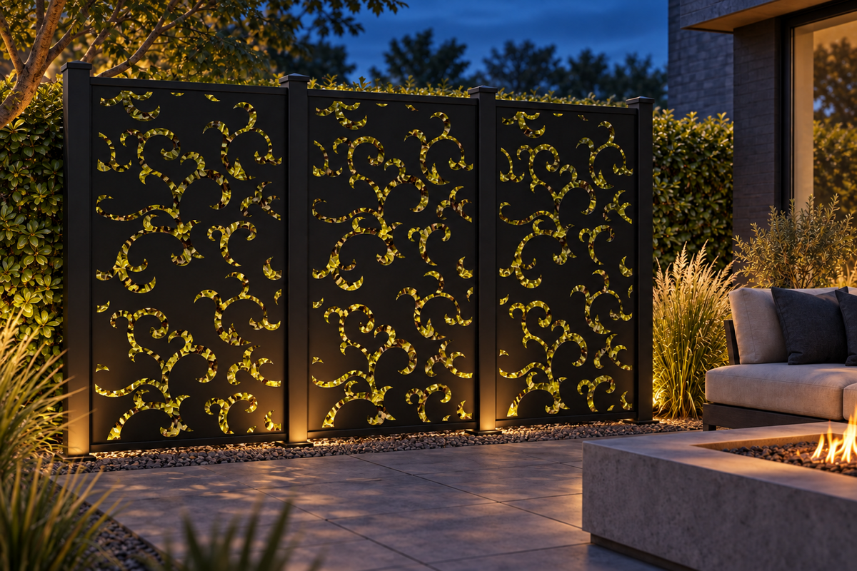 Design 298 Hook Cloud Column Laser Cut Metal Privacy Screen Panel installed garden night lighting view