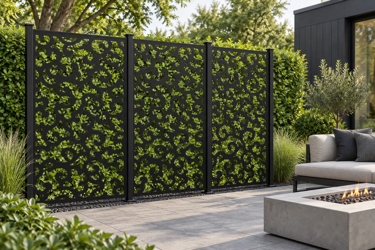 Design 299 Cloud Wave Field Laser Cut Metal Privacy Screen Panel installed garden daylight view