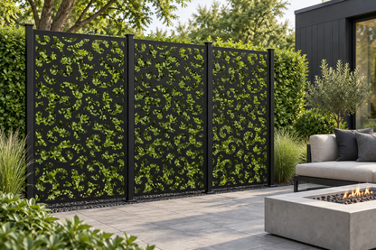 Design 299 Cloud Wave Field Laser Cut Metal Privacy Screen Panel installed garden daylight view