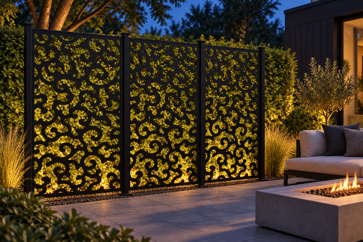 Design 299 Cloud Wave Field Laser Cut Metal Privacy Screen Panel installed garden night lighting view