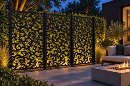 Design 299 Cloud Wave Field Laser Cut Metal Privacy Screen Panel installed garden night lighting view