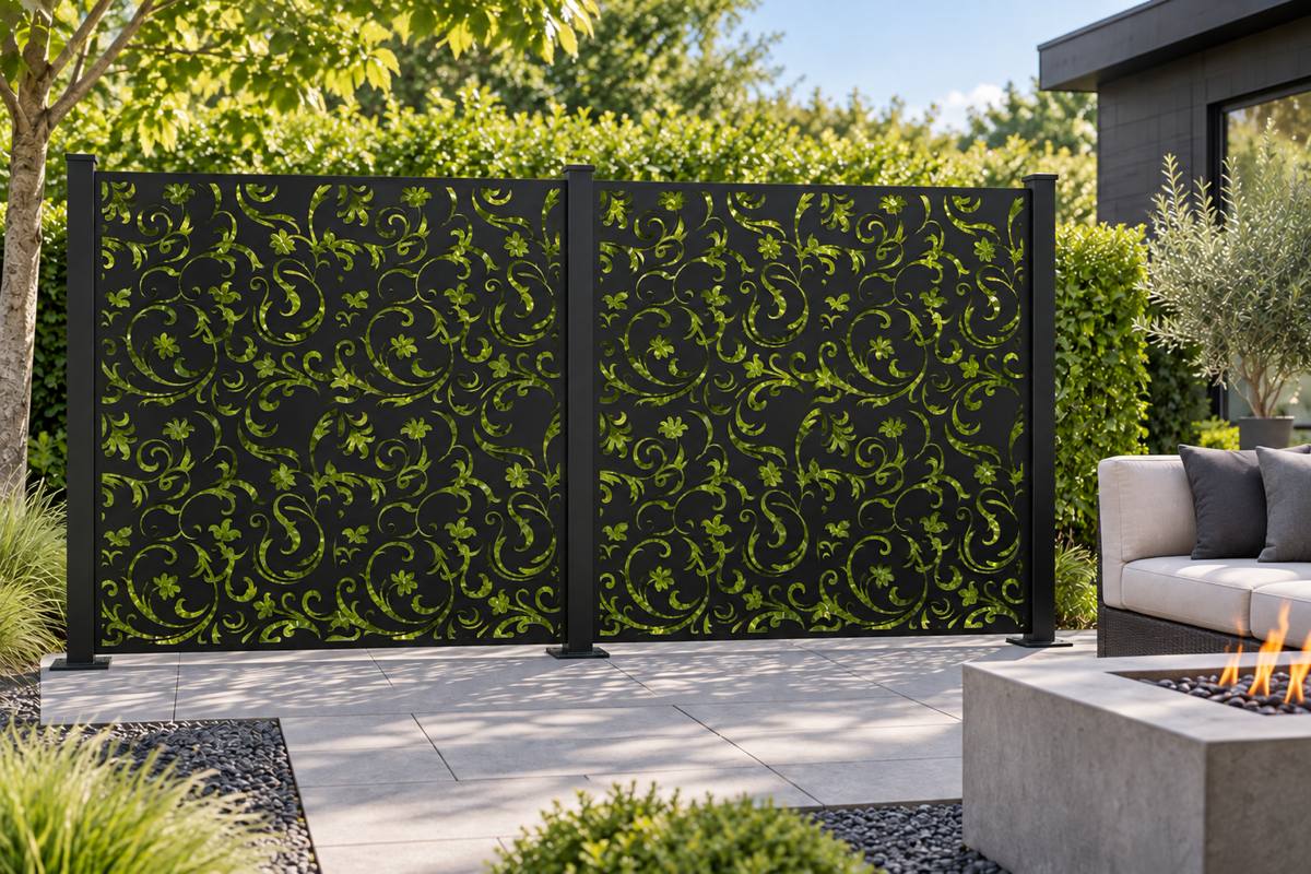 Design 300 Damask Cloud Square Laser Cut Metal Privacy Screen Panel installed garden daylight view