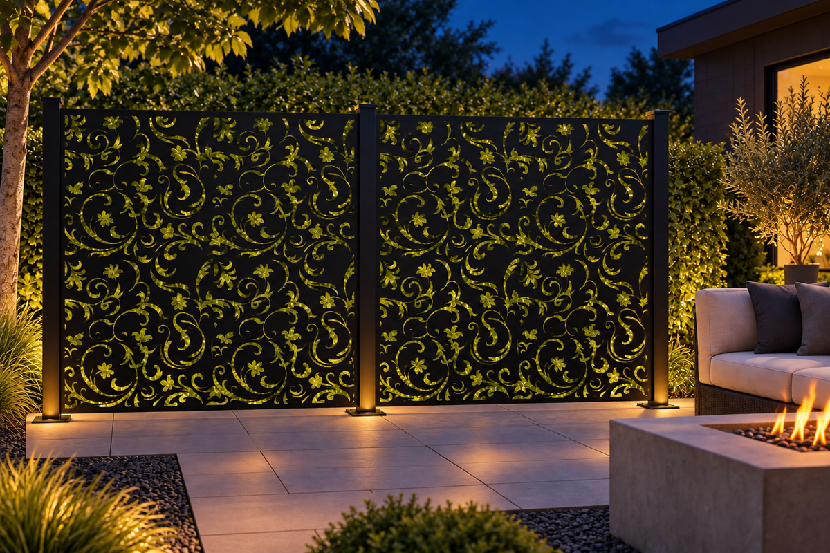 Design 300 Damask Cloud Square Laser Cut Metal Privacy Screen Panel installed garden night lighting view