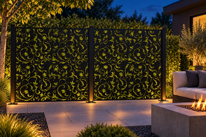 Design 300 Damask Cloud Square Laser Cut Metal Privacy Screen Panel installed garden night lighting view