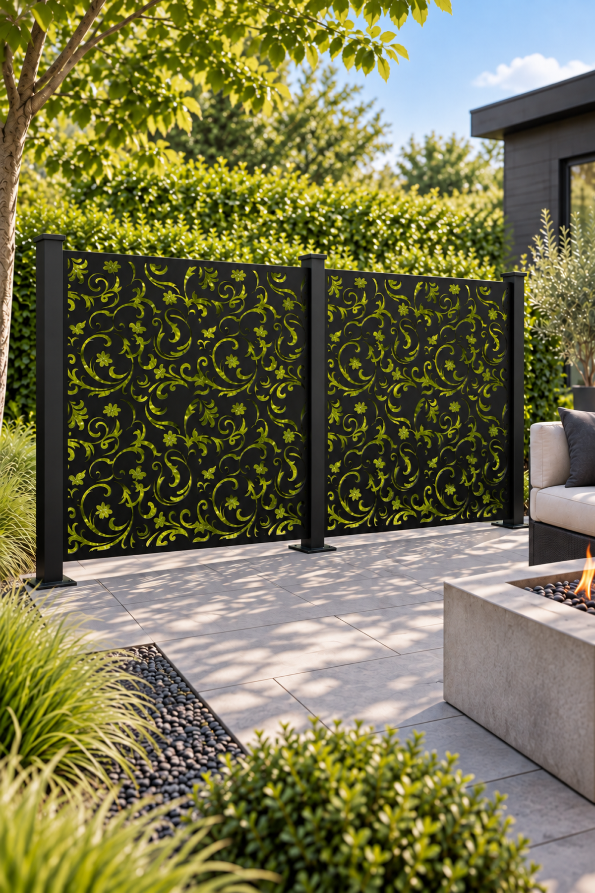 Design 300 Damask Cloud Square Laser Cut Metal Privacy Screen Panel oblique angle view