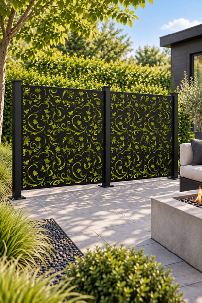 Design 300 Damask Cloud Square Laser Cut Metal Privacy Screen Panel oblique angle view