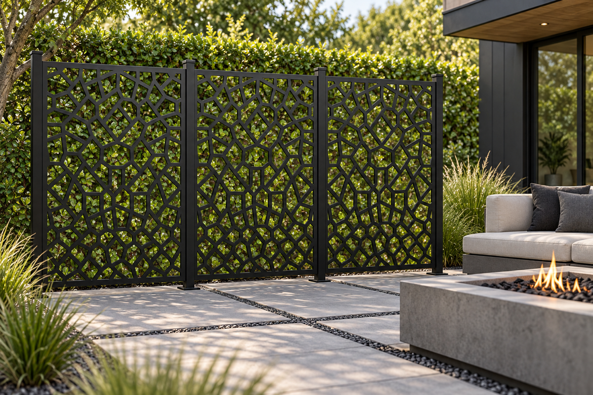 Design 301 Irregular Stone Grid Laser Cut Metal Privacy Screen Panel installed garden daylight view