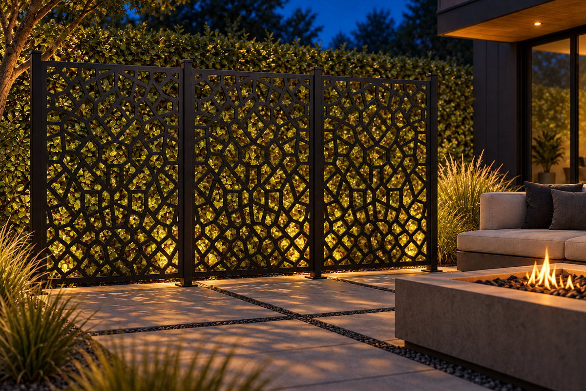 Design 301 Irregular Stone Grid Laser Cut Metal Privacy Screen Panel installed garden night lighting view