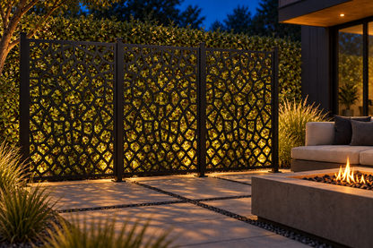Design 301 Irregular Stone Grid Laser Cut Metal Privacy Screen Panel installed garden night lighting view