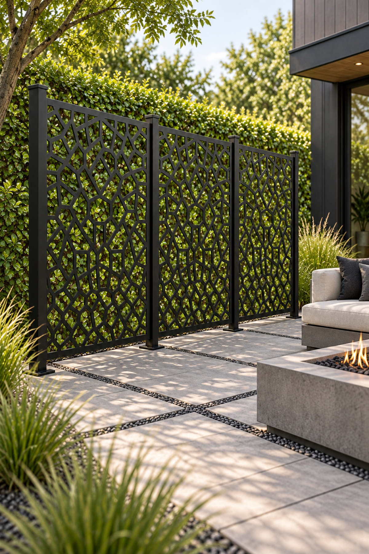 Design 301 Irregular Stone Grid Laser Cut Metal Privacy Screen Panel oblique angle view
