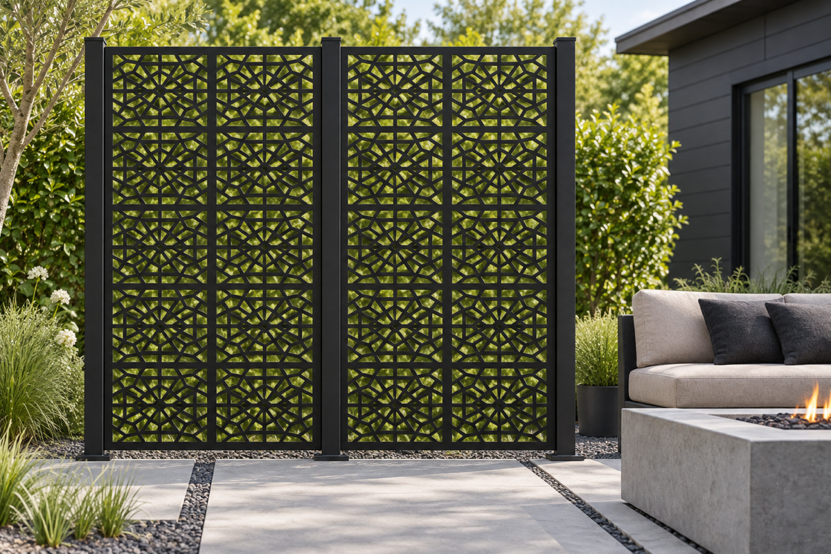 Design 302 Geometric Web Panels Laser Cut Metal Privacy Screen Panel installed garden daylight view