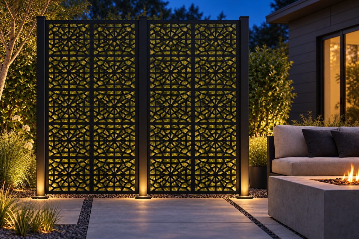Design 302 Geometric Web Panels Laser Cut Metal Privacy Screen Panel installed garden night lighting view