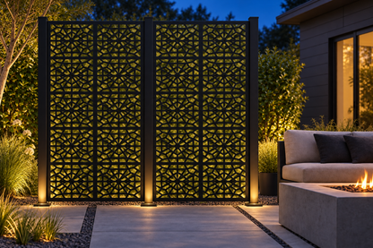 Design 302 Geometric Web Panels Laser Cut Metal Privacy Screen Panel installed garden night lighting view
