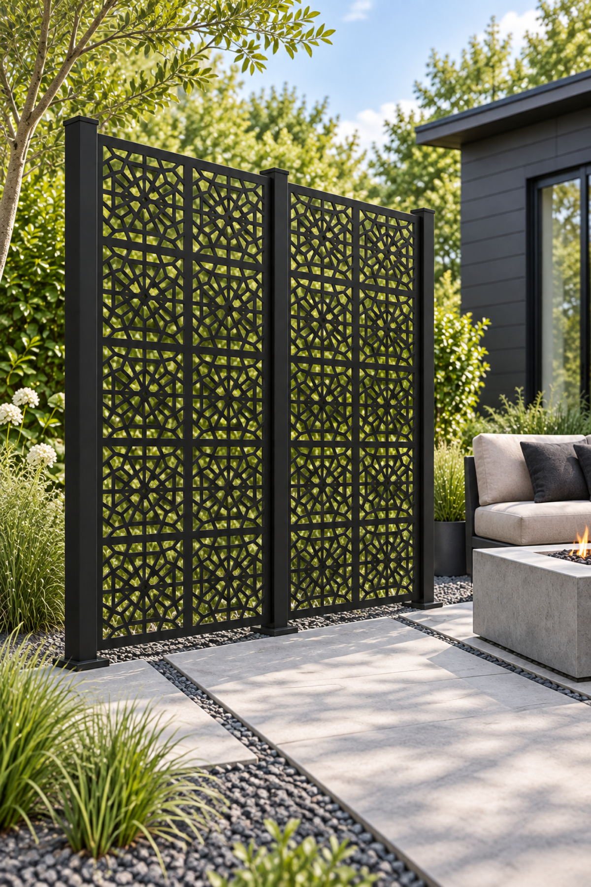 Design 302 Geometric Web Panels Laser Cut Metal Privacy Screen Panel oblique angle view