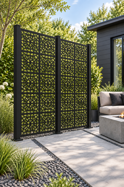 Design 302 Geometric Web Panels Laser Cut Metal Privacy Screen Panel oblique angle view
