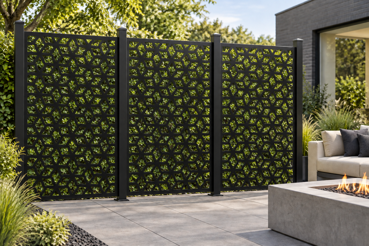 Design 303 Stone Cell Lattice Laser Cut Metal Privacy Screen Panel installed garden daylight view