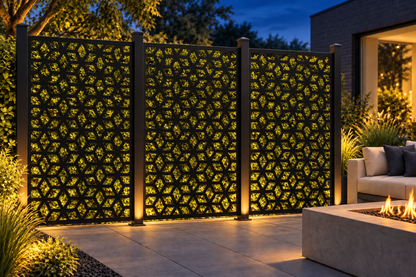 Design 303 Stone Cell Lattice Laser Cut Metal Privacy Screen Panel installed garden night lighting view