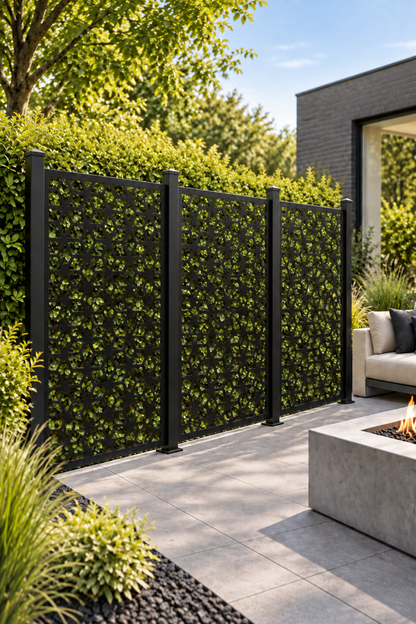 Design 303 Stone Cell Lattice Laser Cut Metal Privacy Screen Panel oblique angle view