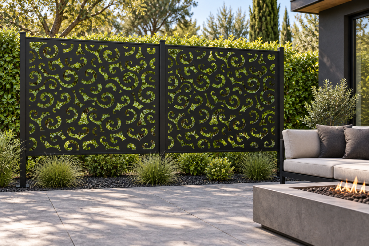 Design 304 Cloud Scroll Rectangle Laser Cut Metal Privacy Screen Panel installed garden daylight view