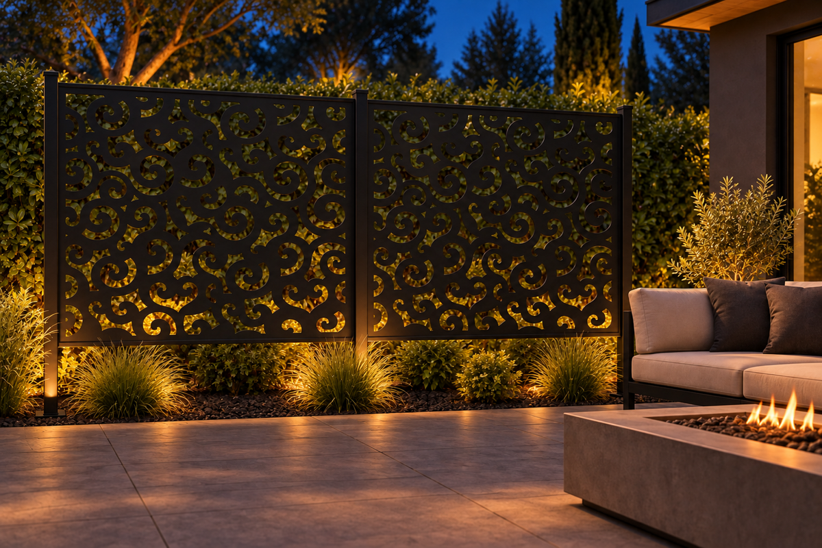 Design 304 Cloud Scroll Rectangle Laser Cut Metal Privacy Screen Panel installed garden night lighting view