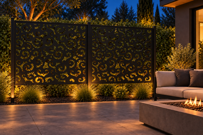 Design 304 Cloud Scroll Rectangle Laser Cut Metal Privacy Screen Panel installed garden night lighting view