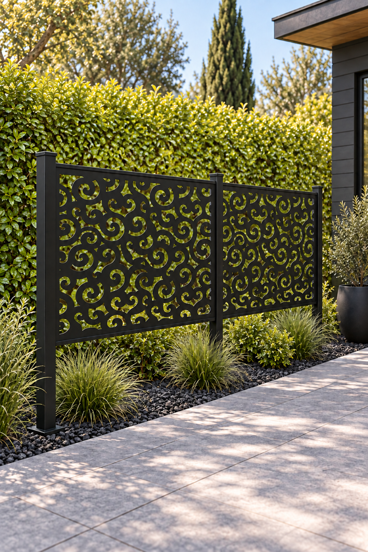 Design 304 Cloud Scroll Rectangle Laser Cut Metal Privacy Screen Panel oblique angle view