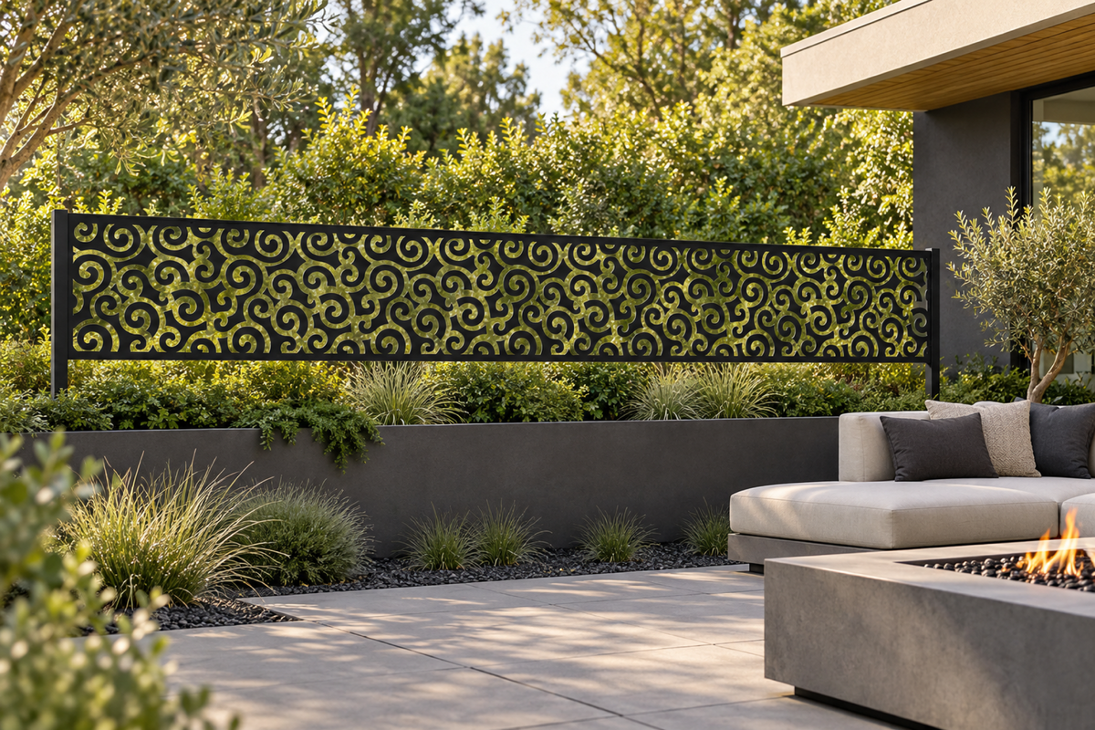 Design 305 Fine Cloud Border Laser Cut Metal Privacy Screen Panel installed garden daylight view