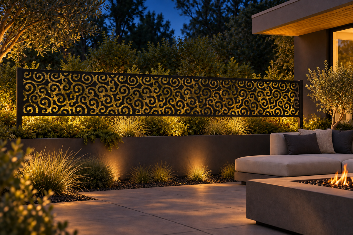 Design 305 Fine Cloud Border Laser Cut Metal Privacy Screen Panel installed garden night lighting view