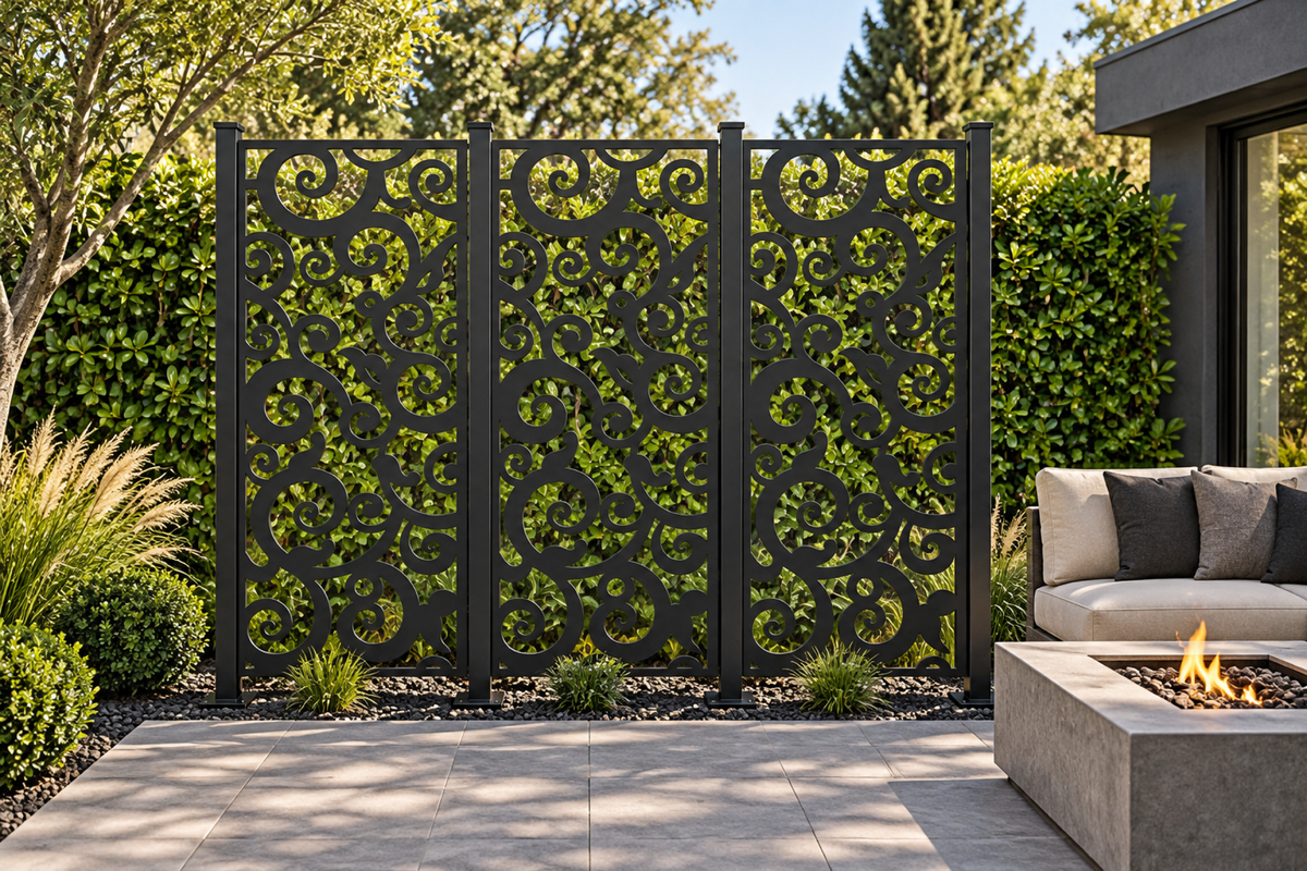 Design 306 Bold Cloud Vine Laser Cut Metal Privacy Screen Panel installed garden daylight view