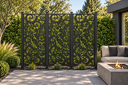 Design 306 Bold Cloud Vine Laser Cut Metal Privacy Screen Panel installed garden daylight view