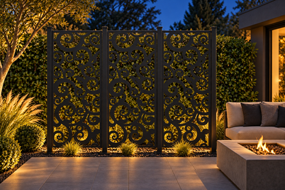 Design 306 Bold Cloud Vine Laser Cut Metal Privacy Screen Panel installed garden night lighting view