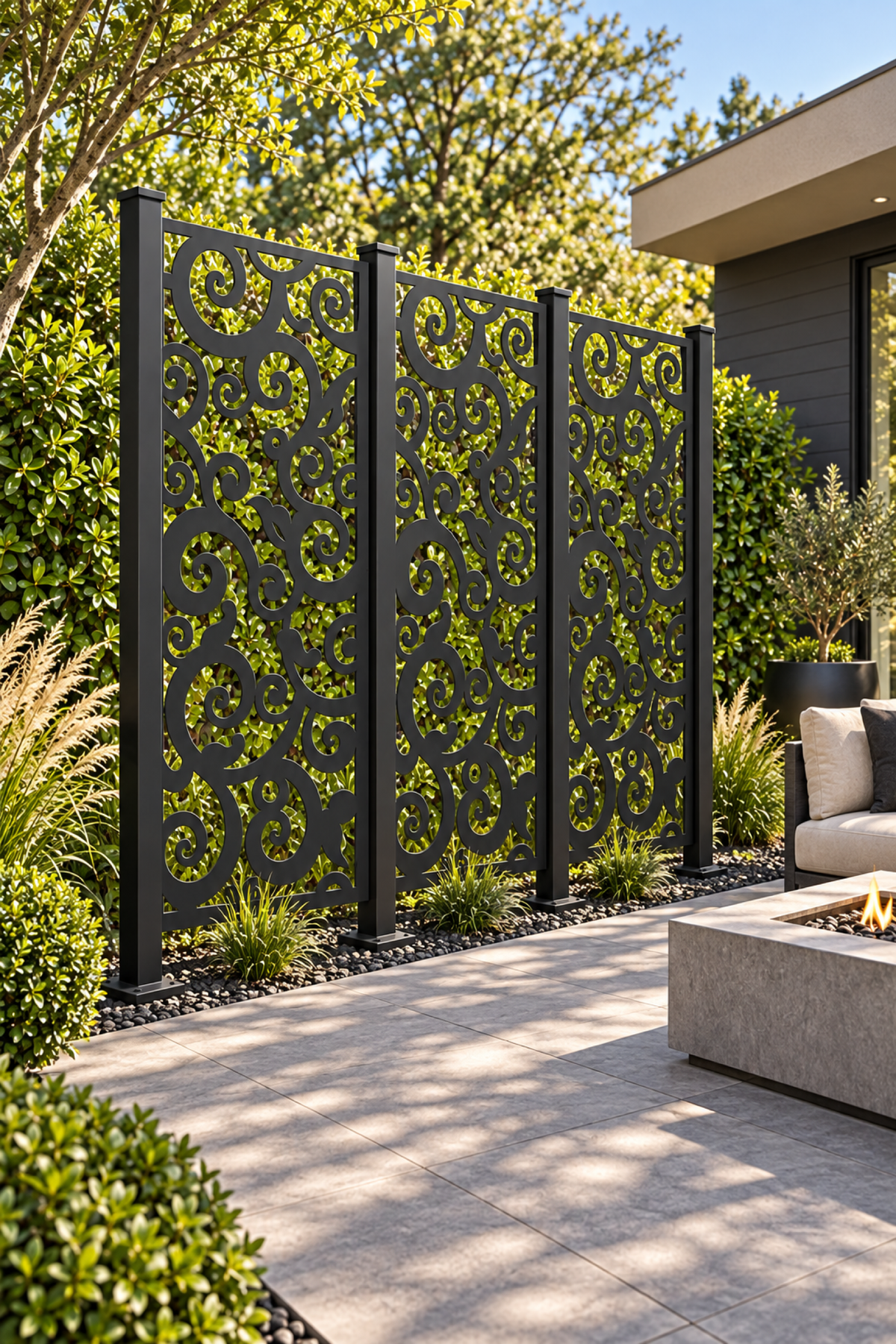 Design 306 Bold Cloud Vine Laser Cut Metal Privacy Screen Panel oblique angle view