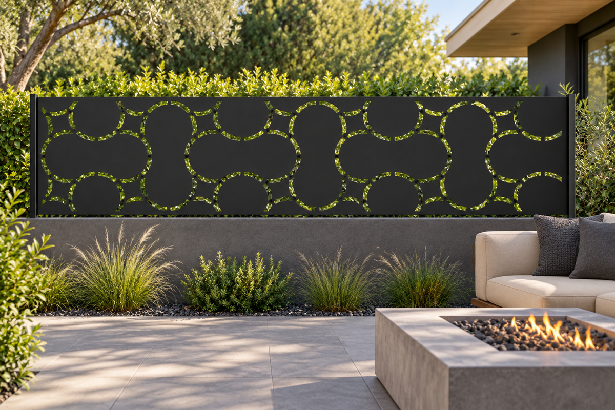 Design 307 Pebble Link Border Laser Cut Metal Privacy Screen Panel installed garden daylight view