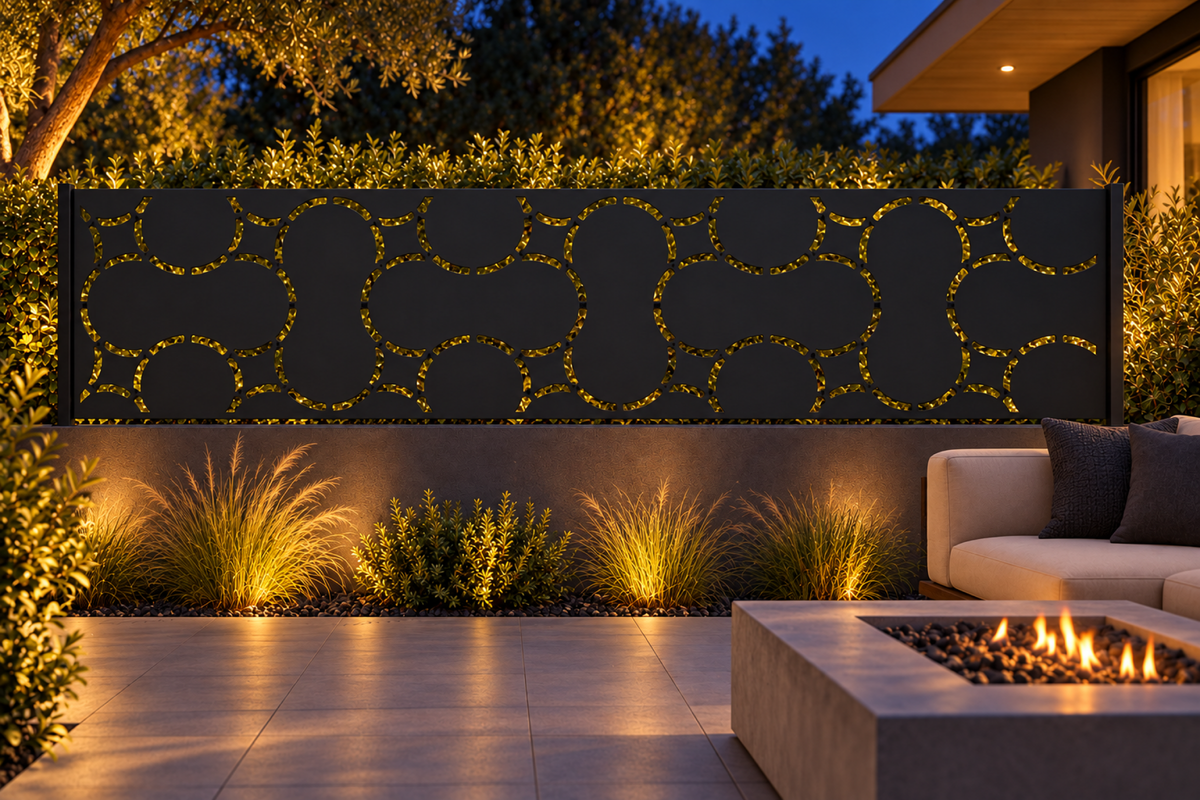 Design 307 Pebble Link Border Laser Cut Metal Privacy Screen Panel installed garden night lighting view
