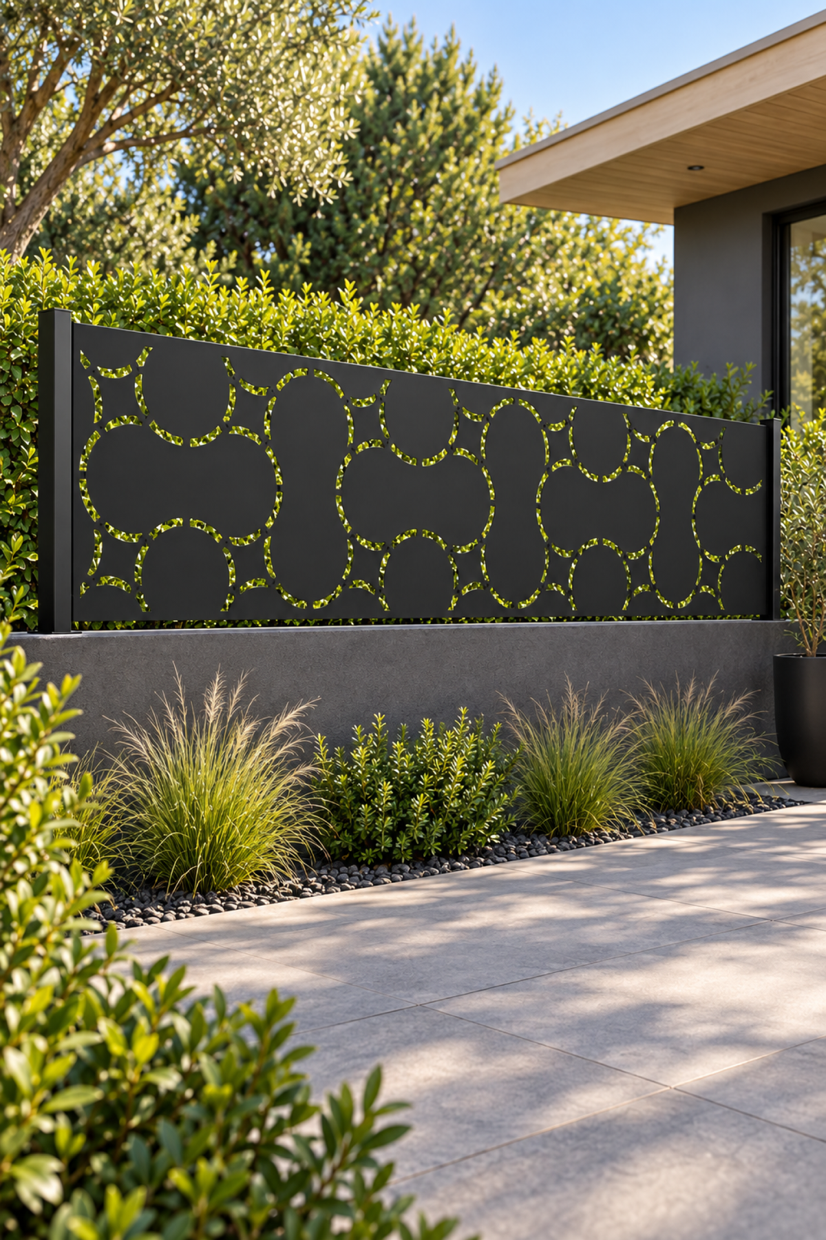 Design 307 Pebble Link Border Laser Cut Metal Privacy Screen Panel oblique angle view