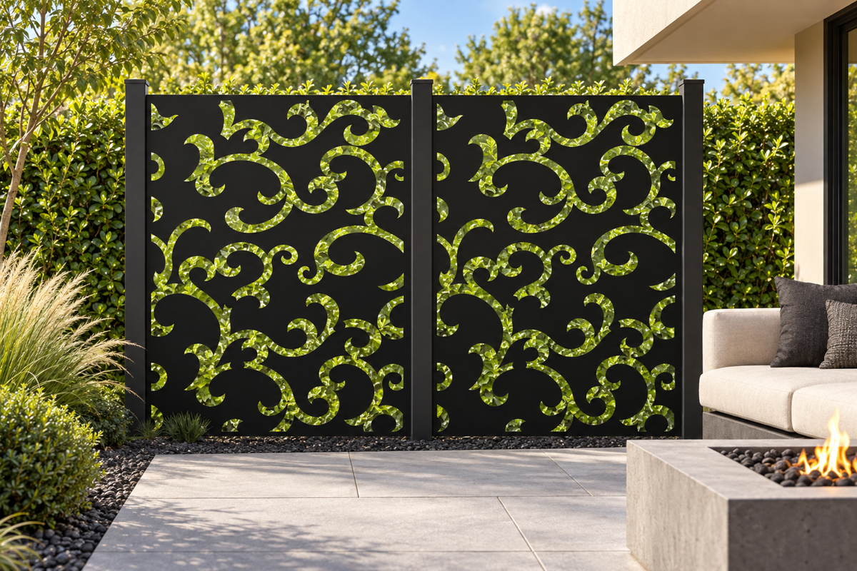 Design 308 Large Cloud Crest Laser Cut Metal Privacy Screen Panel installed garden daylight view