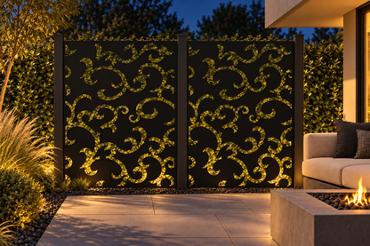 Design 308 Large Cloud Crest Laser Cut Metal Privacy Screen Panel installed garden night lighting view