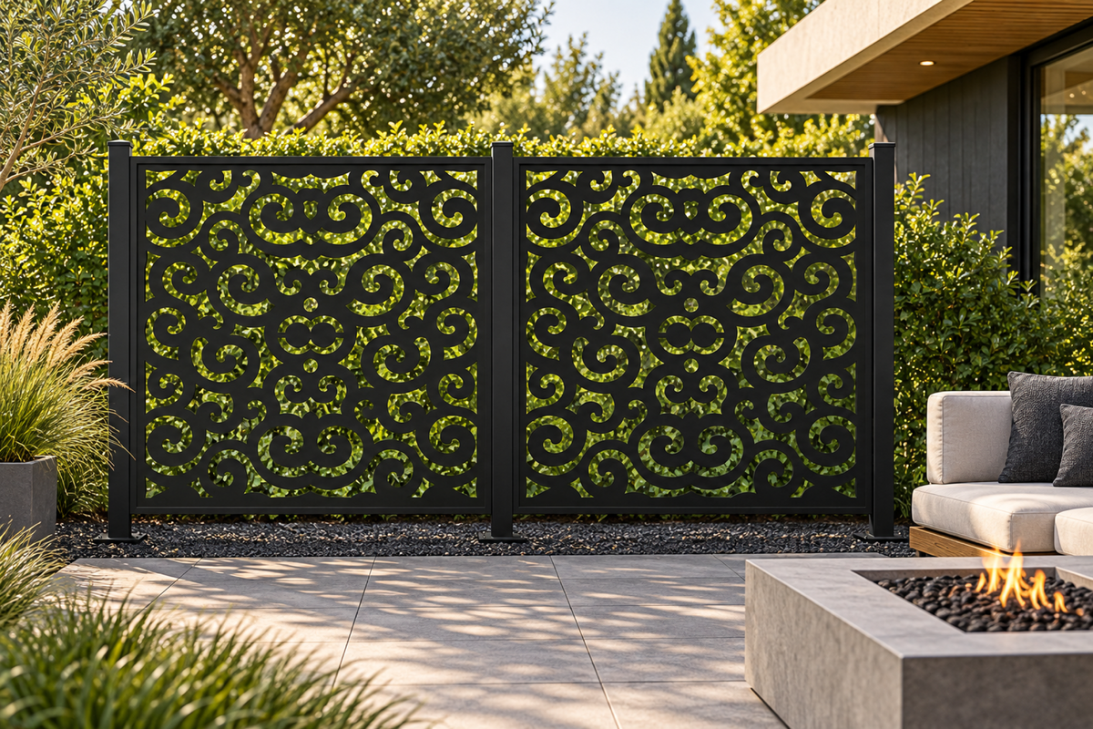 Design 309 Symmetric Ruyi Cloud Laser Cut Metal Privacy Screen Panel installed garden daylight view
