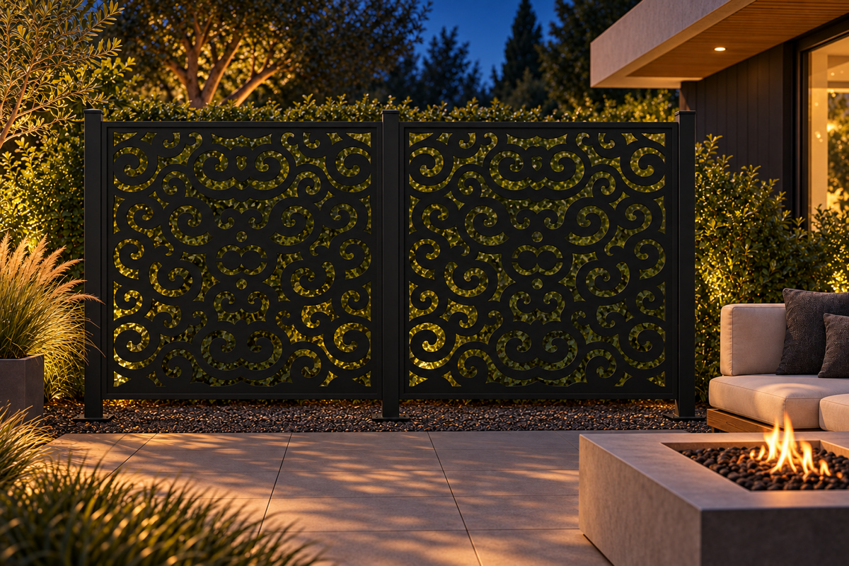 Design 309 Symmetric Ruyi Cloud Laser Cut Metal Privacy Screen Panel installed garden night lighting view