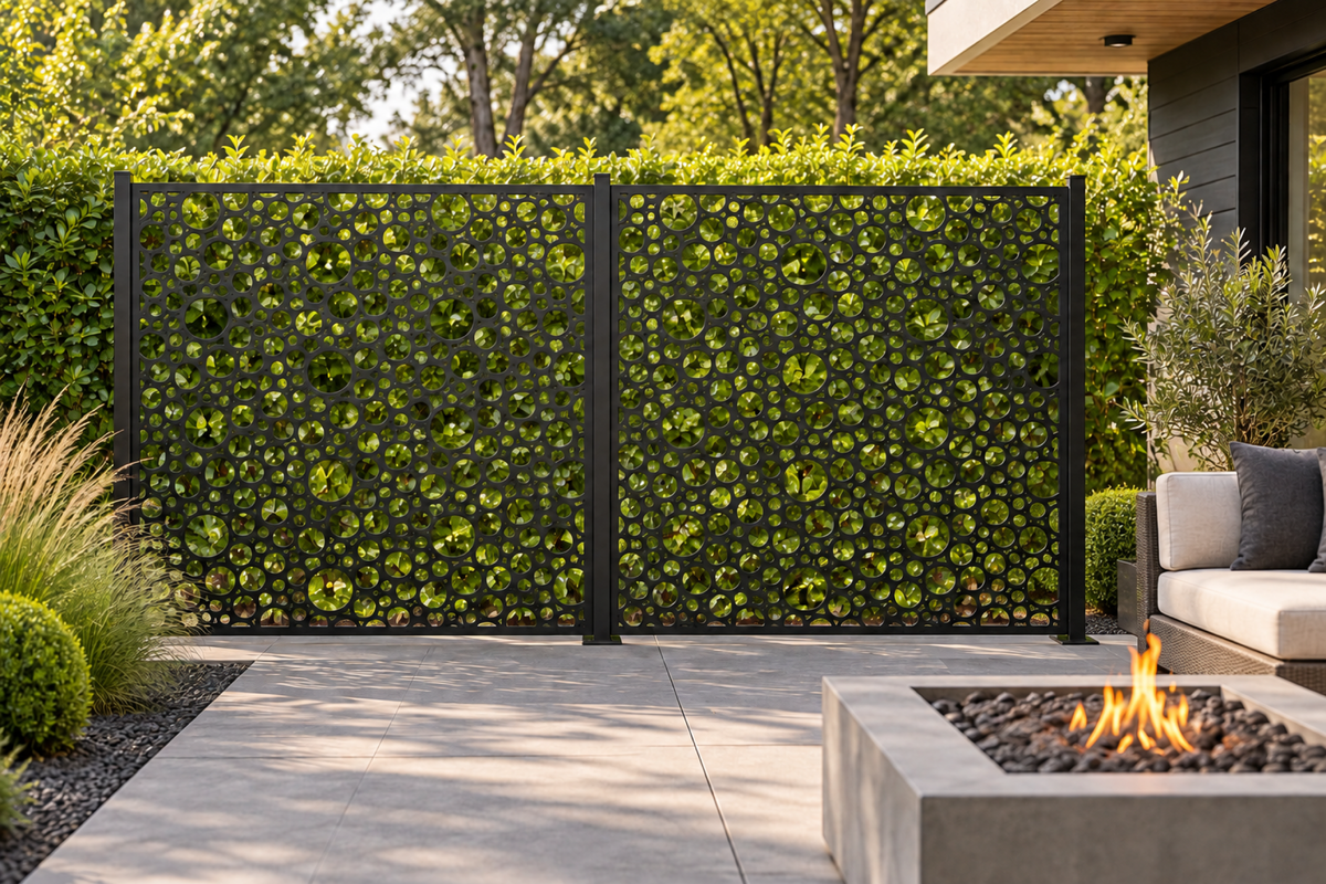 Design 310 Bubble Foam Field Laser Cut Metal Privacy Screen Panel installed garden daylight view
