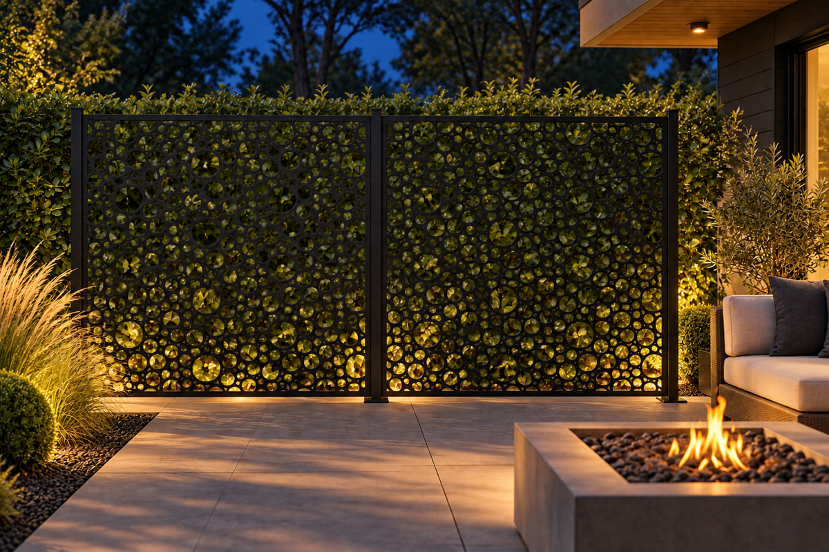 Design 310 Bubble Foam Field Laser Cut Metal Privacy Screen Panel installed garden night lighting view