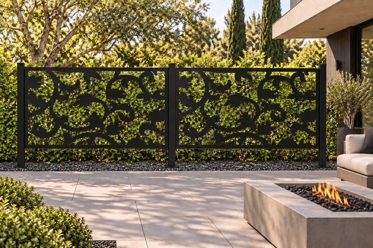 Design 311 Flying Leaf Border Laser Cut Metal Privacy Screen Panel installed garden daylight view