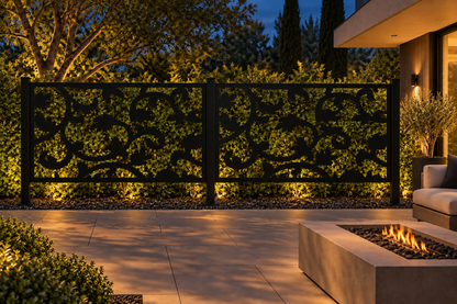 Design 311 Flying Leaf Border Laser Cut Metal Privacy Screen Panel installed garden night lighting view