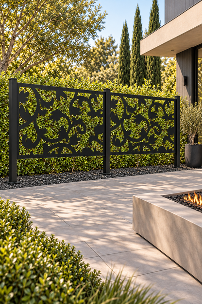 Design 311 Flying Leaf Border Laser Cut Metal Privacy Screen Panel oblique angle view