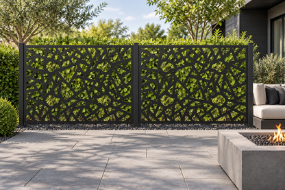Design 312 Angular Mosaic Border Laser Cut Metal Privacy Screen Panel installed garden daylight view