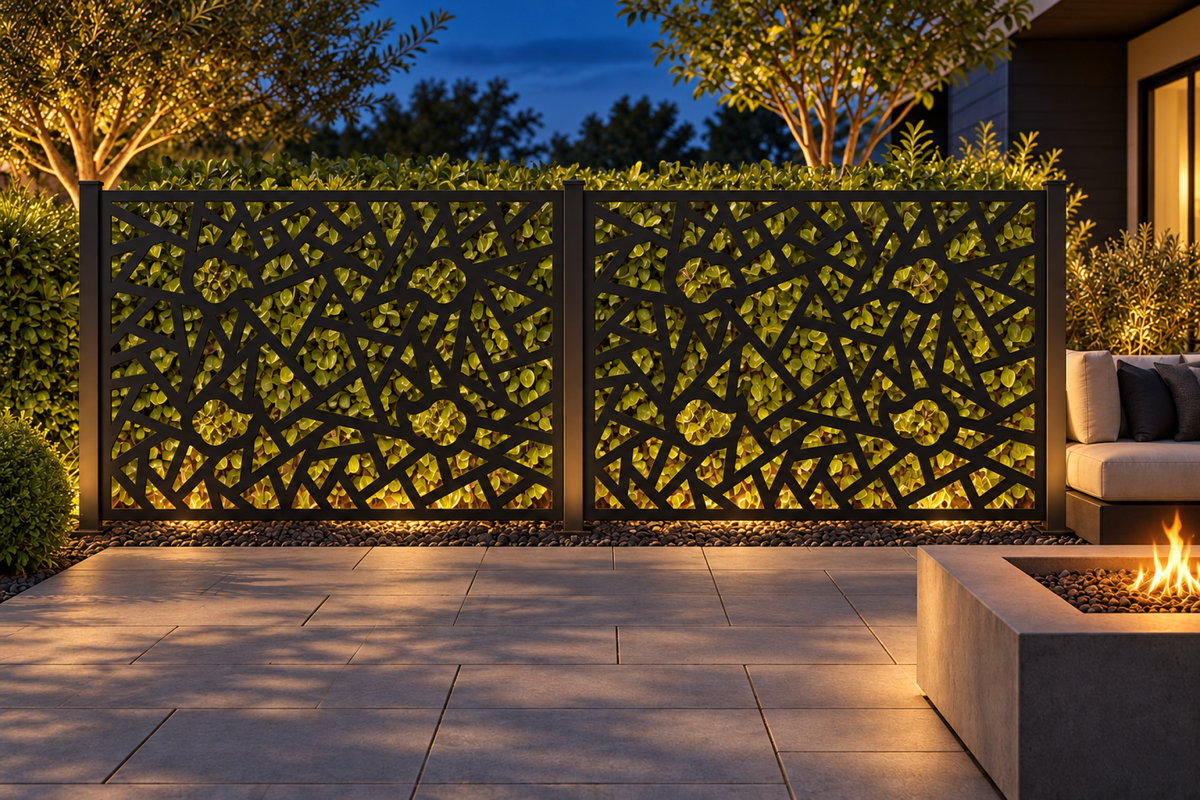 Design 312 Angular Mosaic Border Laser Cut Metal Privacy Screen Panel installed garden night lighting view