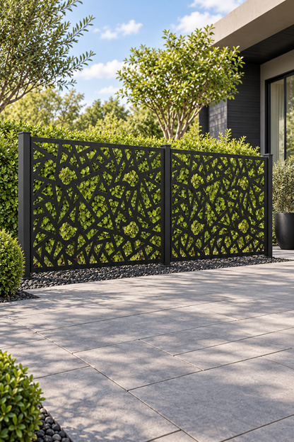 Design 312 Angular Mosaic Border Laser Cut Metal Privacy Screen Panel oblique angle view