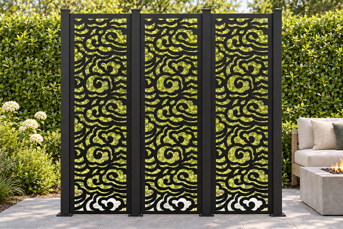 Design 313 Layered Cloud Column Laser Cut Metal Privacy Screen Panel installed garden daylight view
