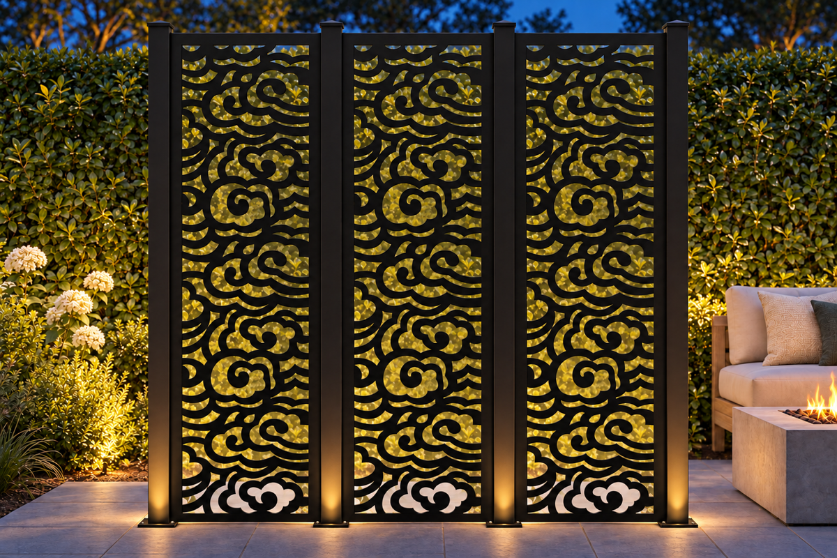 Design 313 Layered Cloud Column Laser Cut Metal Privacy Screen Panel installed garden night lighting view