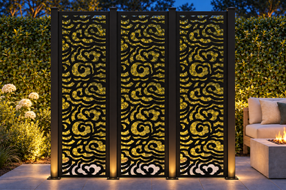 Design 313 Layered Cloud Column Laser Cut Metal Privacy Screen Panel installed garden night lighting view